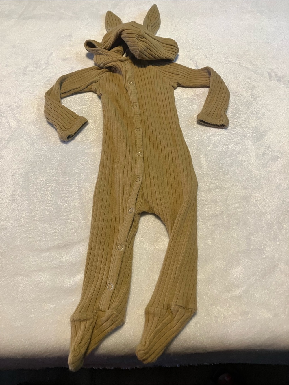kate quinn Organic Ribbed Bunny Hooded Footed One-Piece in Tan